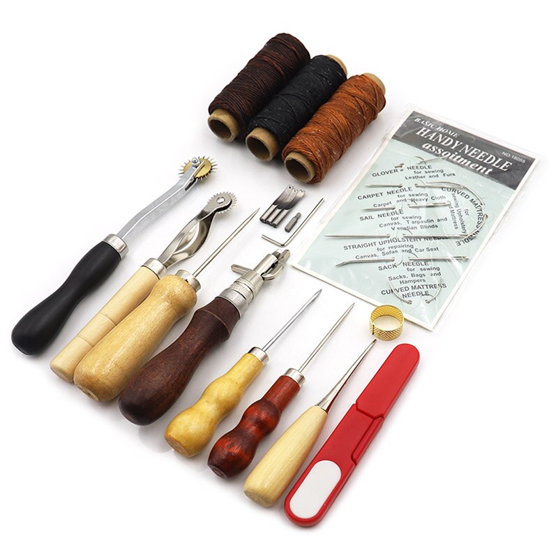 Professionele Lederen Naaien Tool Kit Hand Stiksels Stiksels Punch Priem Wax Draad Schaar Set Lederen Craft Tool Accessoire Set