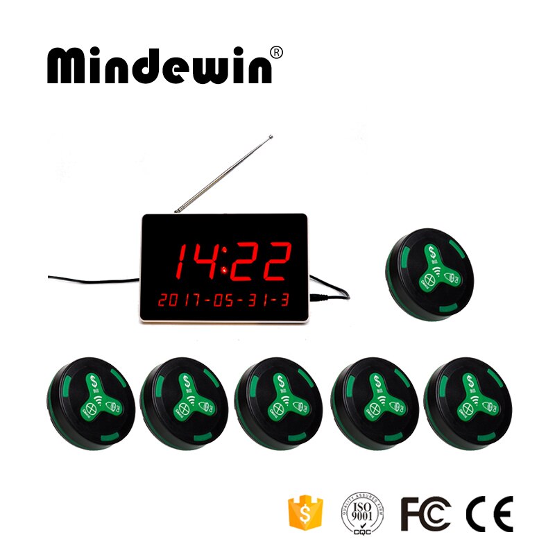 Mindewin trådløst opkaldssystem 1pc led display modtager mr -1 og 6 stk tjener ringe knap mk -3 trådløs tjener personsøger system: Grøn