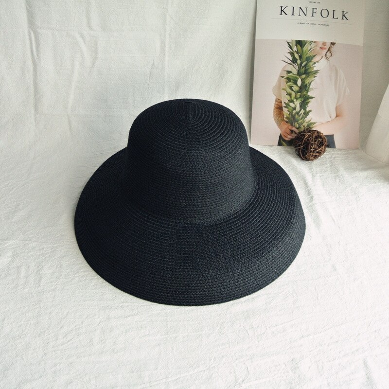 Sombrero parasol Vintage para señora, Color puro, estilo Hepburn, vacaciones 56-58CM, temperamento , de verano, sombrero de paja de: Black