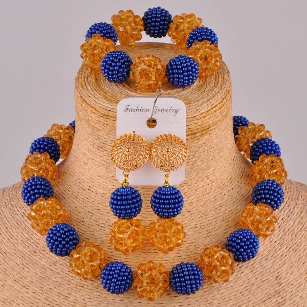 Royal Blue and Yelow African Beads Jewelry Set: Royal Blue Gold