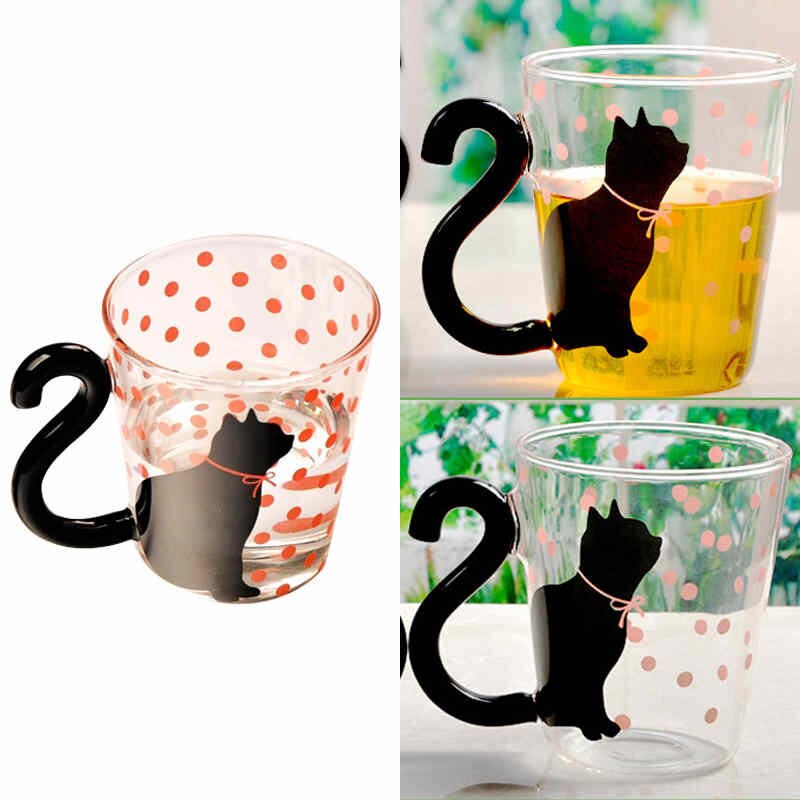 Gato taza de vidrio creativa taza con Gato de dibujos animados taza de agua con mango par de jugo de vidrio taza de jugo de fruta taza de café tipo oficina