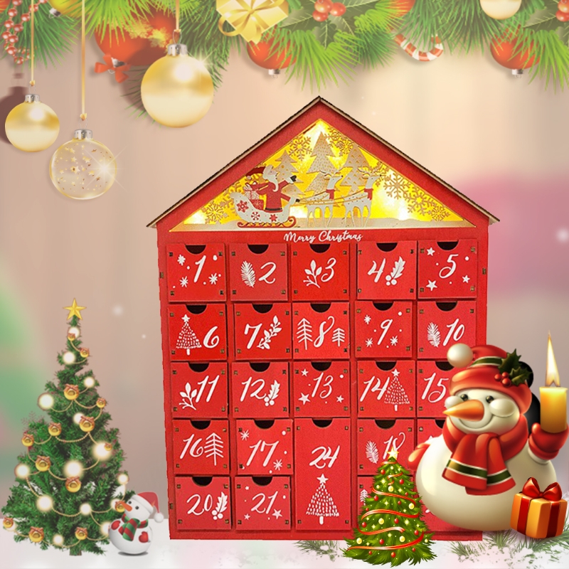 Snowy Village Christmas Red Wooden Advent Calendar House with LED Light Drawer