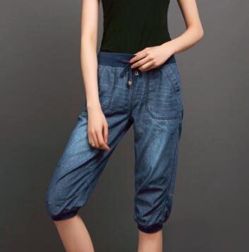 Plus size jeans kvinna mellan midja kvinnor haremsbyxor sommar femme lätt tvättad lös bomull vadlånga byxor 3xl 4xl: Populär mörkblå / M