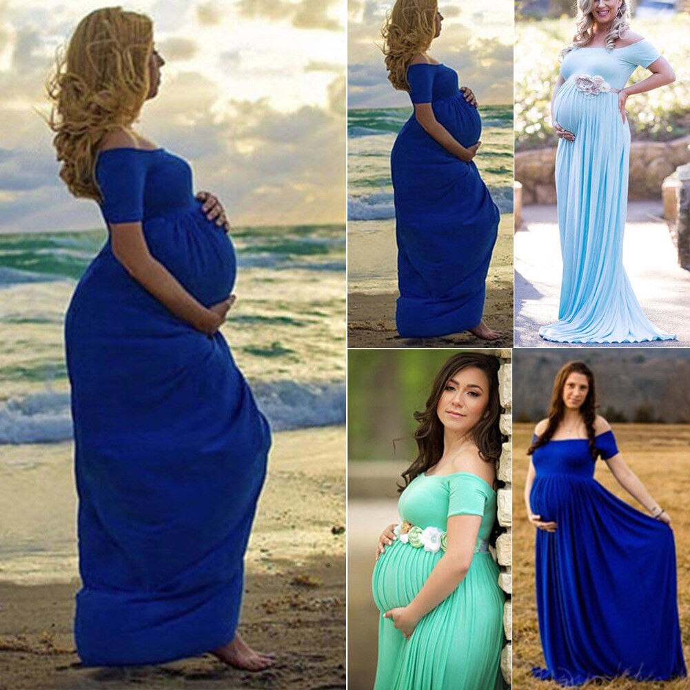 Barsel kjole fotografering rekvisitter sommer off skulder lang maxikjole graviditet kvinder mælk kjole tøj til gravide: Dyb blå / Xl