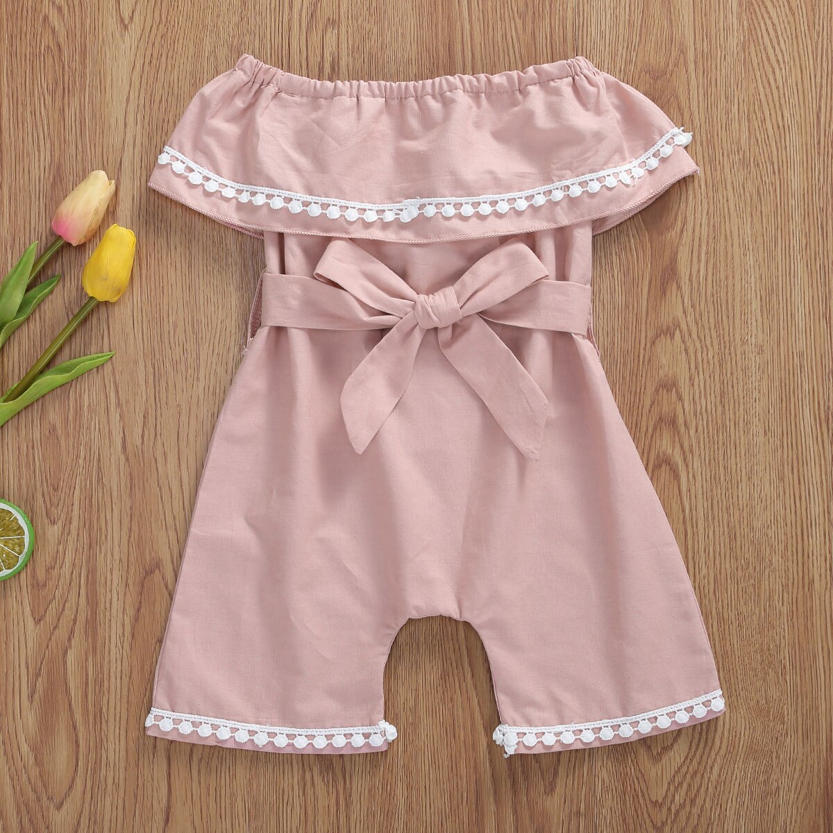 Baby Meisjes Romper Jumpsuit - Off Shoulder Strik Riem Zomerkleding