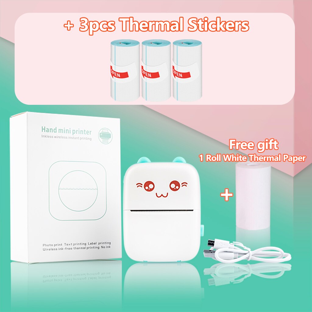 Portable Thermal Printer Paper Photo Pocket Cat Thermal Printer 57mm Printing Wireless Bluetooth Android IOS Printers For Child: Blue 3 Stickers