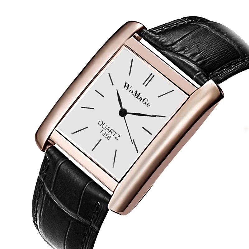 Womage kvinders ure top brand luksus damer ur kvinder ure læderrem kvinders rektangel ur ur reloj mujer: Sort 4