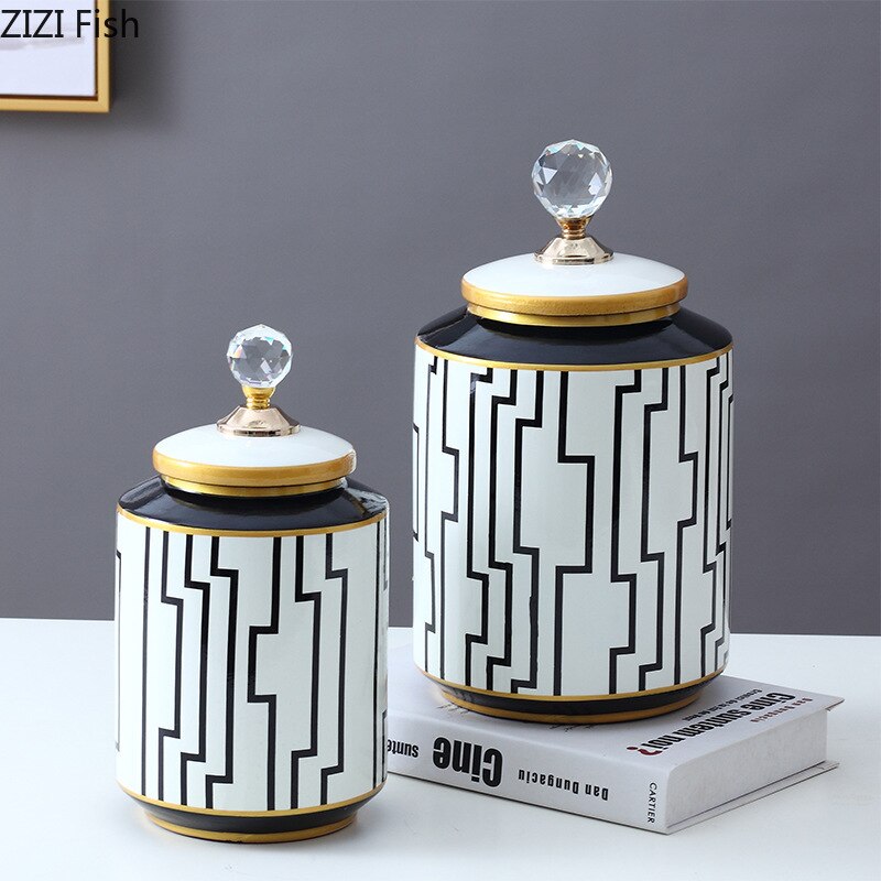 Tarros de porcelana con tapa de cristal, recipiente de té, olla de caramelo, tanque de almacenamiento de cerámica, decoración de escritorio, tarros de almacenamiento de rayas geométricas