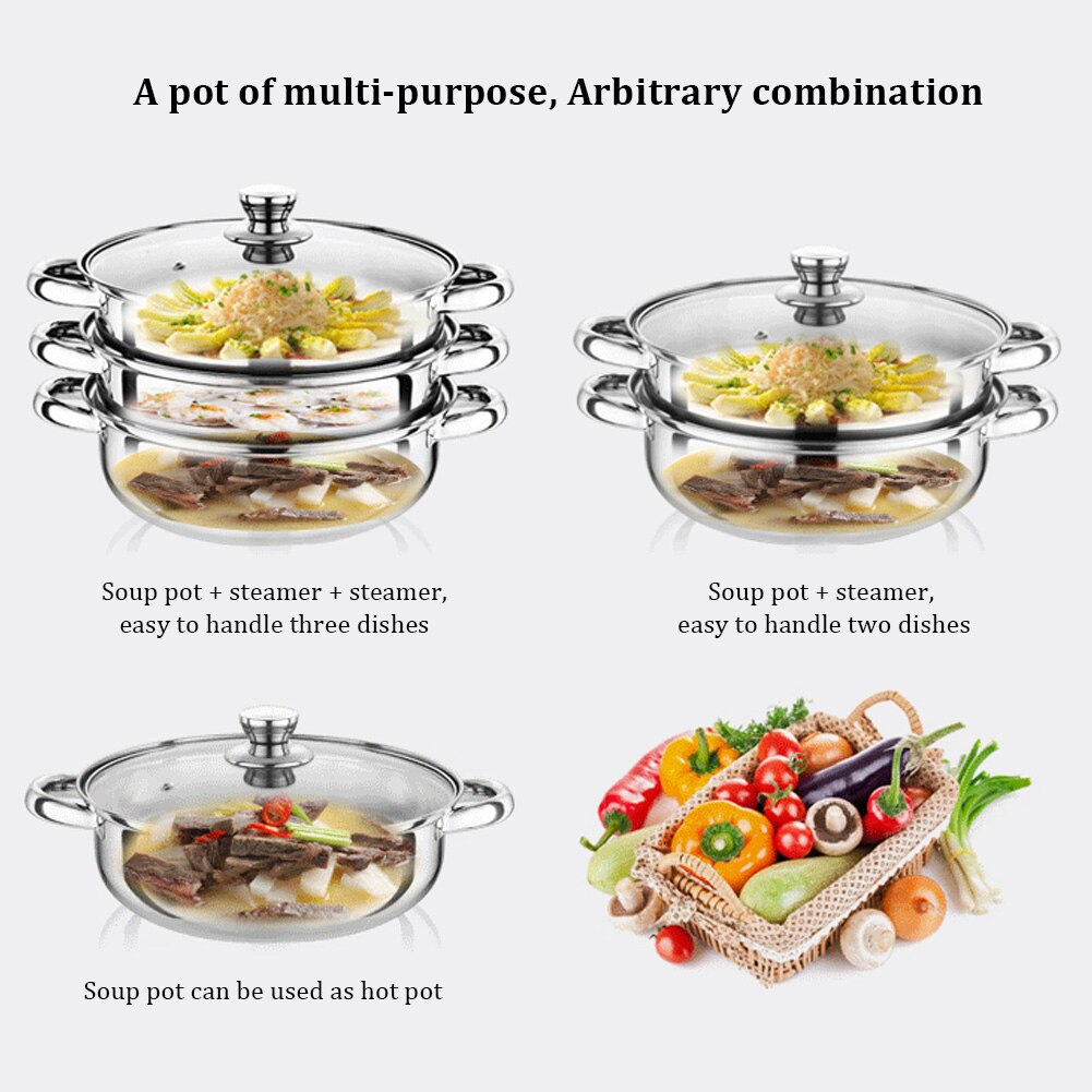 28cm 3 Tier Visual Cover With Handles Steamer Pot Food Maker Easy Clean Kitchen Home Insulated Stainless Steel Large Dual Use