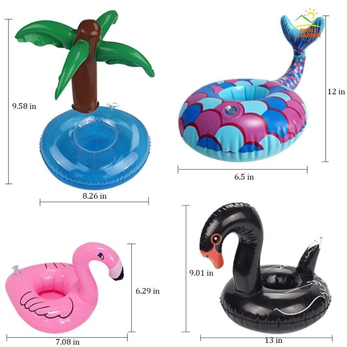 Uppblåsbara dryckeshållare 9 paket flytande koppunderlägg för poolfest och badleksaker för barn sjöjungfru, svan, flamingo, krabba, ananas