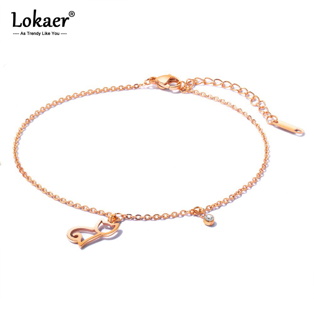 Lokaer Fußkettchen Armbinde Fuß Schmuck Für Frauen Edelstahl Rose Gold Farbe Zirkonia Katze Kette Länge 260mm A19031