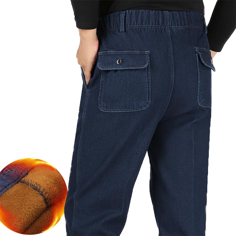 Heren winter worm fleece jeans vader hoge elastische taille fluwelen casual rechte plus size denim broek