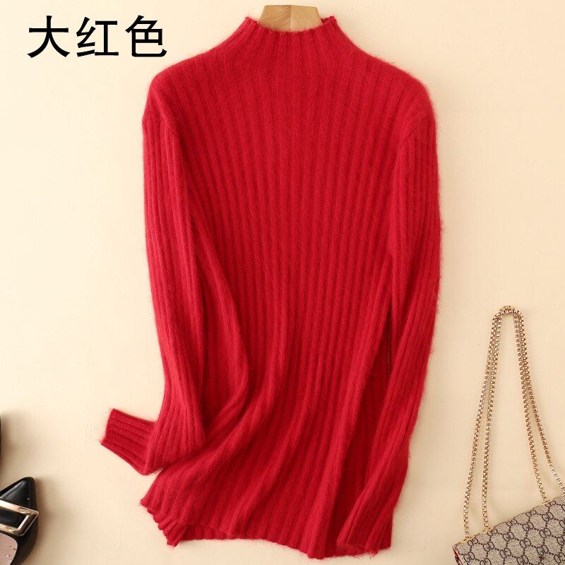 Varm 100%  mink kashmir sweater strikkede pullovere til kvinder vinter høj elasticitet bløde toppe høj krave afslappet basisk dameskjorte: L / Rød