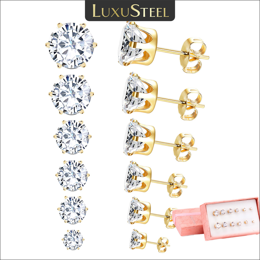 LUXUSTEEL 6 Paare/einstellen CZ Ohrstecker Edelstahl rund weiß Zirkonia hypoallergen 6 Krallen Ohrring trendiger Schmuck