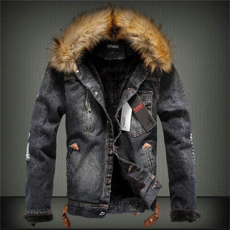 Fur collar Men Denim jacket Winter Thick Denim Jacket Retro Jacket Plus Size: Black / XXL