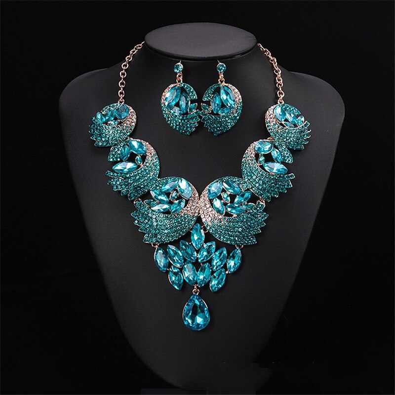 Luxe kleurrijke kristallen veer sieraden sets ketting oorbellen bruids bruiloft strass sieraden accessoires sets voor vrouwen