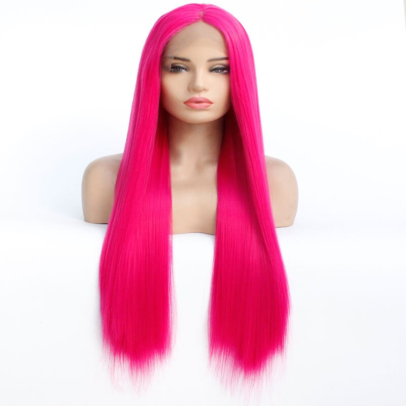 Rose Pink Synthetic Lace Front Wig Silky Straight Hand Tied Heat Resistant Fiber Free Part Natural Hairline Hair For Women Girls