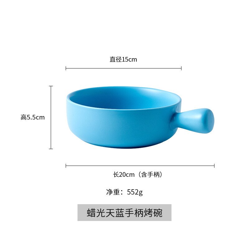Ceramic Tableware Single Handle Baking Plate Rice Bowl Household Dish Breakfast Bowl Net Red Baking Bowl Steak Plate: Sky