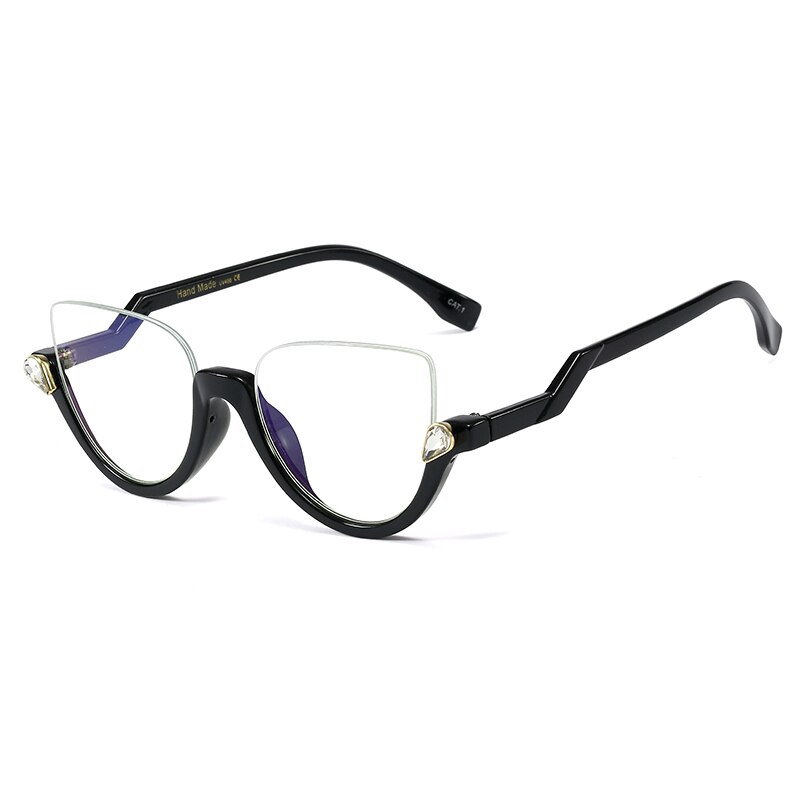 Lunettes transparentes à monture claire bleue pour femmes, demi-monture œil de chat, classique, Vintage: Black