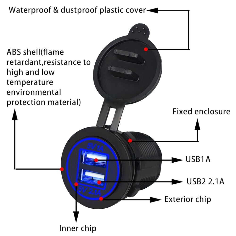 12-24V Car Boat Power Adapter Cigarette Lighter Socket Dual USB Charger Voltmeter Switch LED light With Dust plug Waterproof