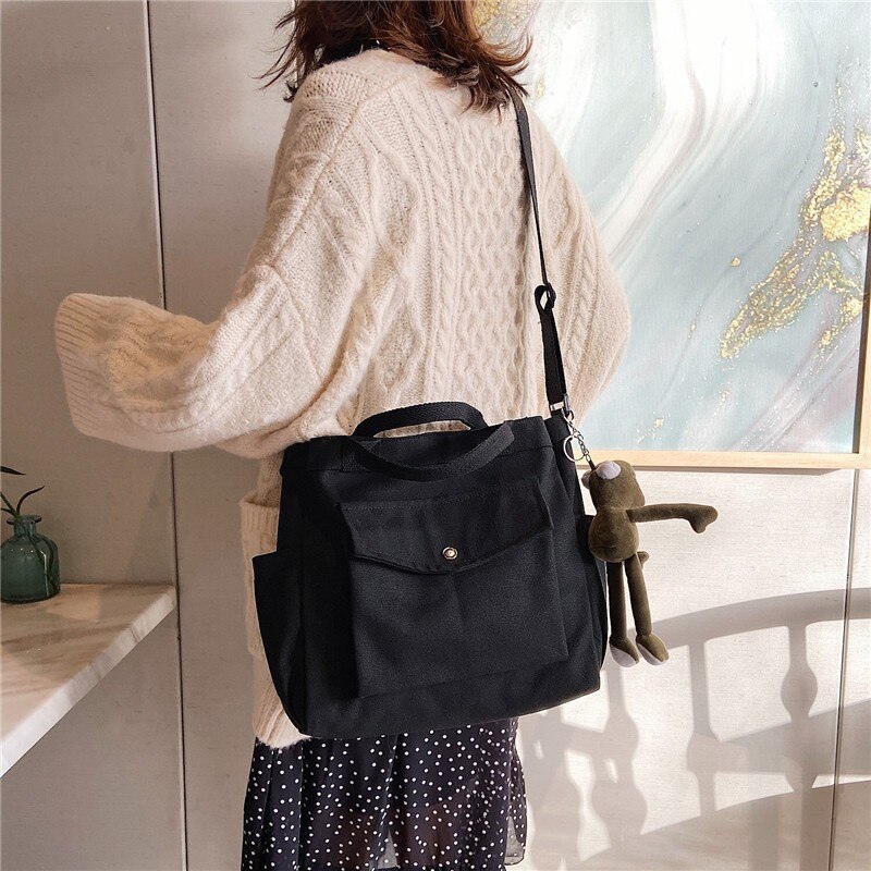 Herfst Vrouwen Koreaanse Versie Van Grote Capaciteit Voor Dames Canvas Tas Vrouwelijke Handtas Crossbody Tassen Massage Tas Schoudertas: Black