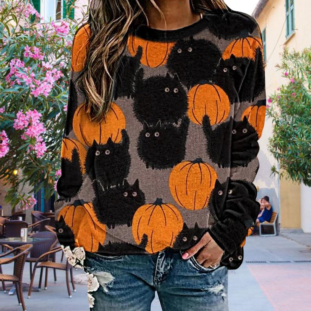 Vrouwen Pompoen Patroon Ronde Hals Sweatshirt Acetaat Fiber Lange Mouwen Voor Halloween Outdoor Indoor