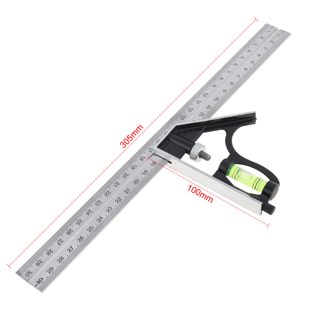 12 inch 300mm Adjustable Stainless Steel Combination Angle Ruler 45/90 Degree with Bubble Level Multi-functional Measuring Tools