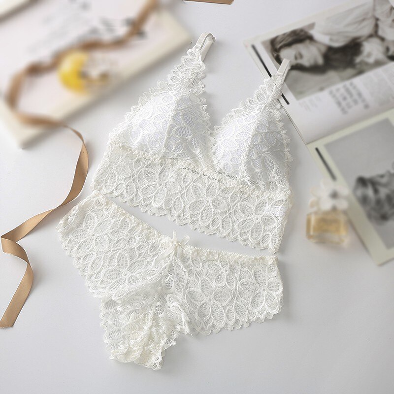 Conjuntos de sujetadores para mujer, ropa interior cómoda con encaje calado sin aros, traje de dos piezas de ropa interior para mujer, conjuntos de sujetadores para mujer: Blanco