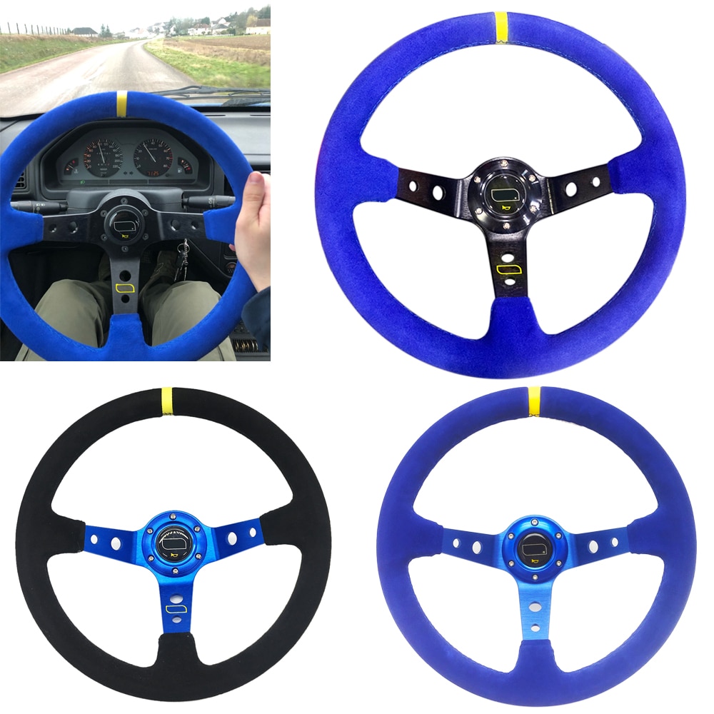 Om-sports-Volante de 14 pulgadas de cuero de ante para coche, volante con bocina, 6 agujeros, color negro y azul, 350mm