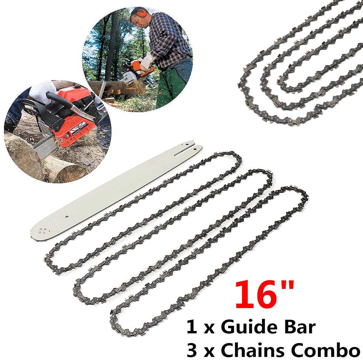 16 Inch Chain Saw Guide Bar with 3pcs Chains for STIHL 009 012 021 E180 MS180 MS190