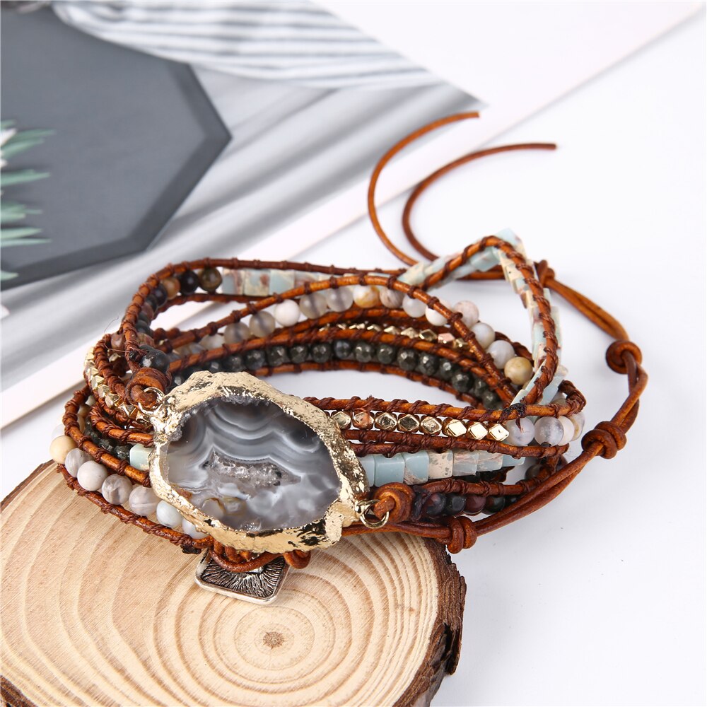 Bohemian Kralen Natuursteen Armband Ovale Cuboid Power Stone Hand Geweven Lederen Armband Vrouwen Armband Op Hand