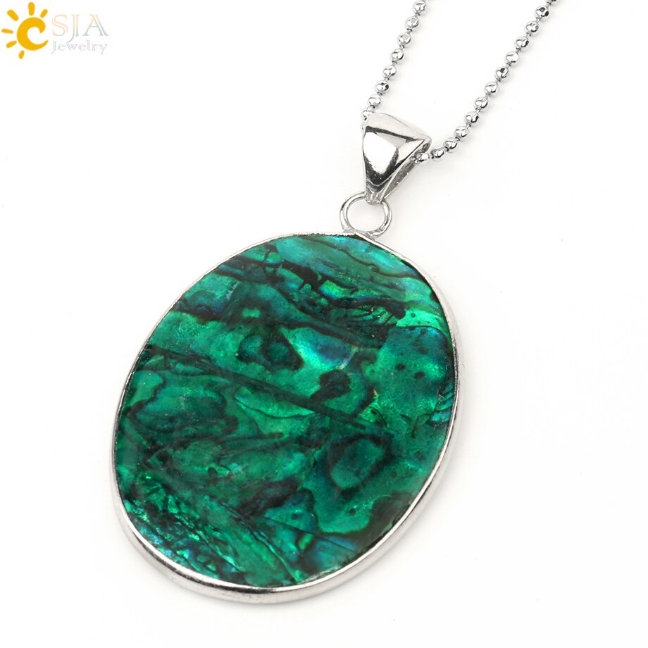 CSJA Verde Ovale cavalla Borsette Ciondolo Paua abalone Borsette Tallone Piatto di colore Argento Pendenti con gemme e perle Collana per le Donne di Fascino Dei Monili Semplice g230: collana