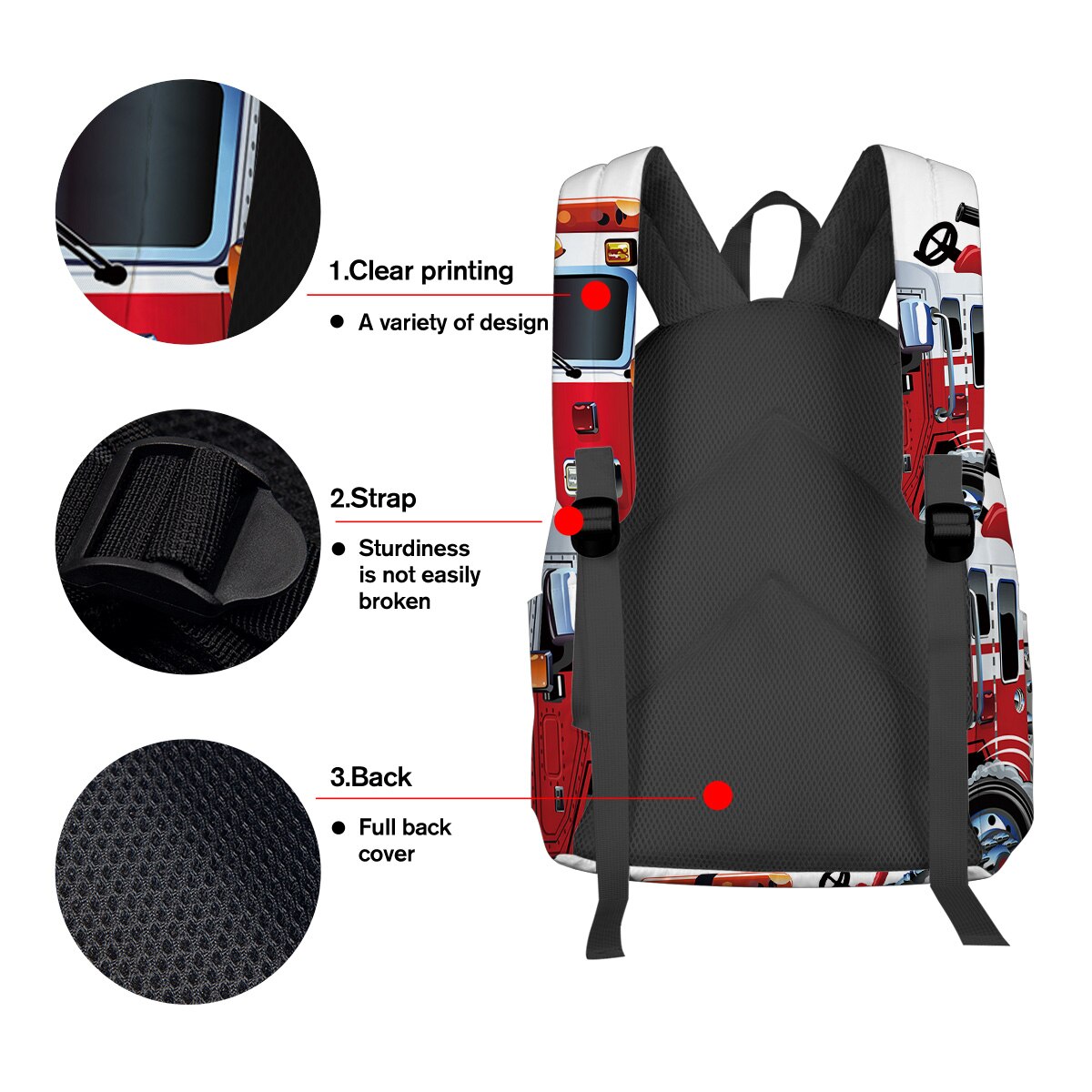 Cartoon Fire Truck Backpack College Students Laptop Backpack Book Bag Casual School Bag