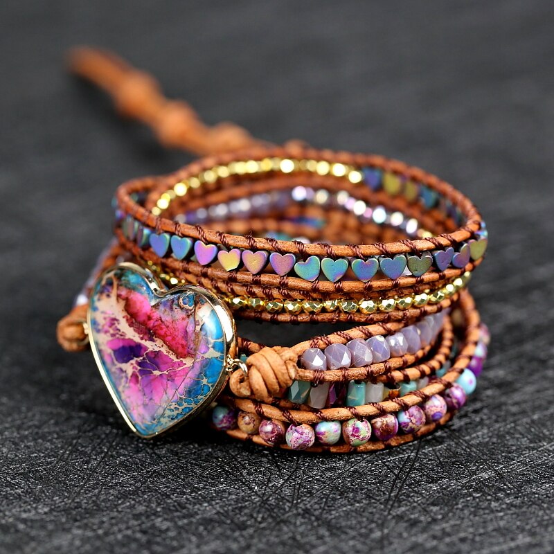 Aankomen Natuursteen Hart Charm Wrap Armbanden Handgemaakte Boho Stijl Sieraden