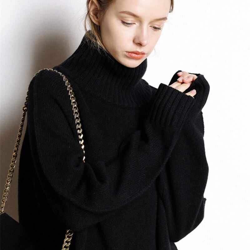 Kashmir genser dame høyhalset kasjmir genser dame ensfarget lang løs genser stor størrelse strikket skjorte