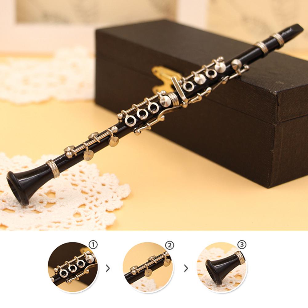 Mini klarinet model 1:8- forhold musikinstrument miniaturebord indretning display ornament med sort læder kasse + beslag