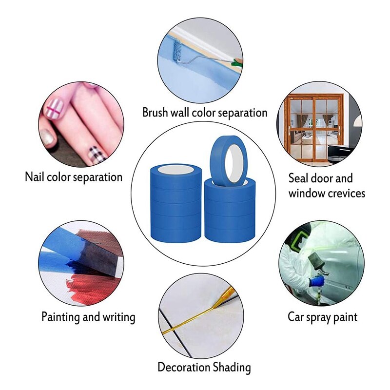 -10 Pack DIY Masking Paper Blue Painters Masking Tape Indoor Painting Decorating 24mm x 20M Painters Tape Masking