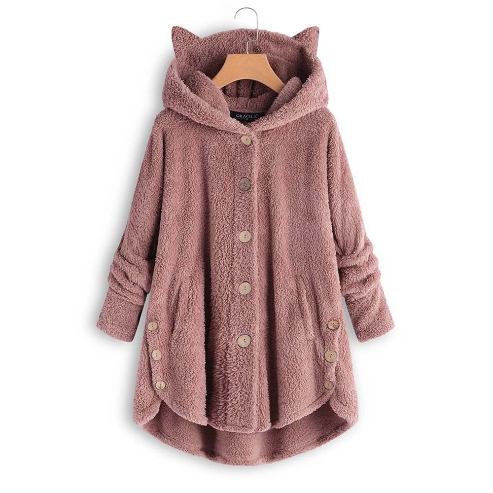 Wol Blend Vrouwen Knop Kat Oor Jas Pluizige Turn-down Kraag Uitloper Jacket Casual Tops Hooded Trui Losse trui #45