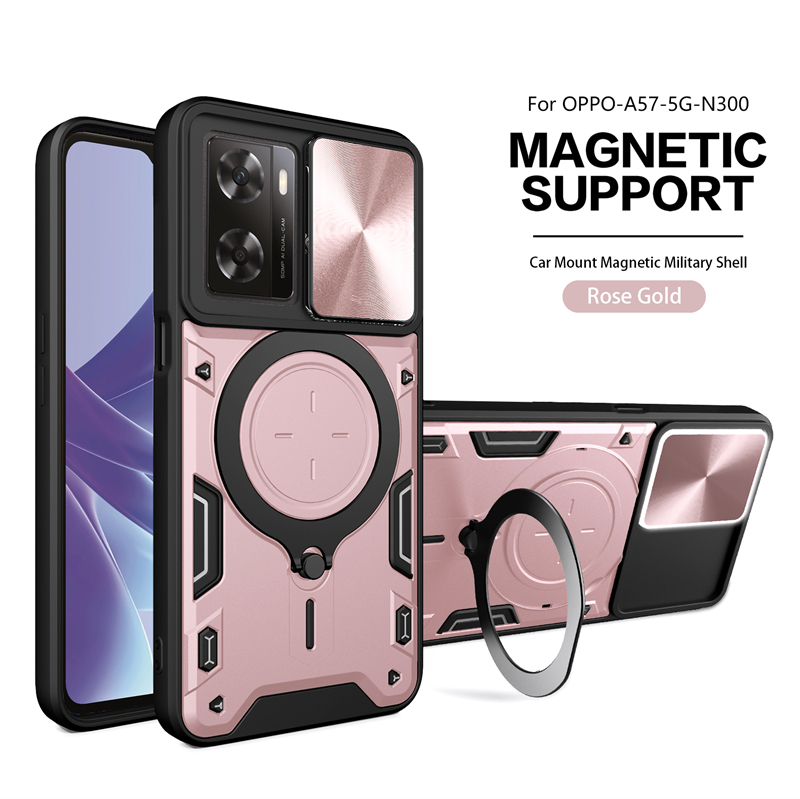 For OPPO A57 4G Case Slide Lens Protection Car Magnetic Stand Ring Phone Case For OPPO A57S A57E A77 Shockproof Armor Back Cover: EVA / Brown