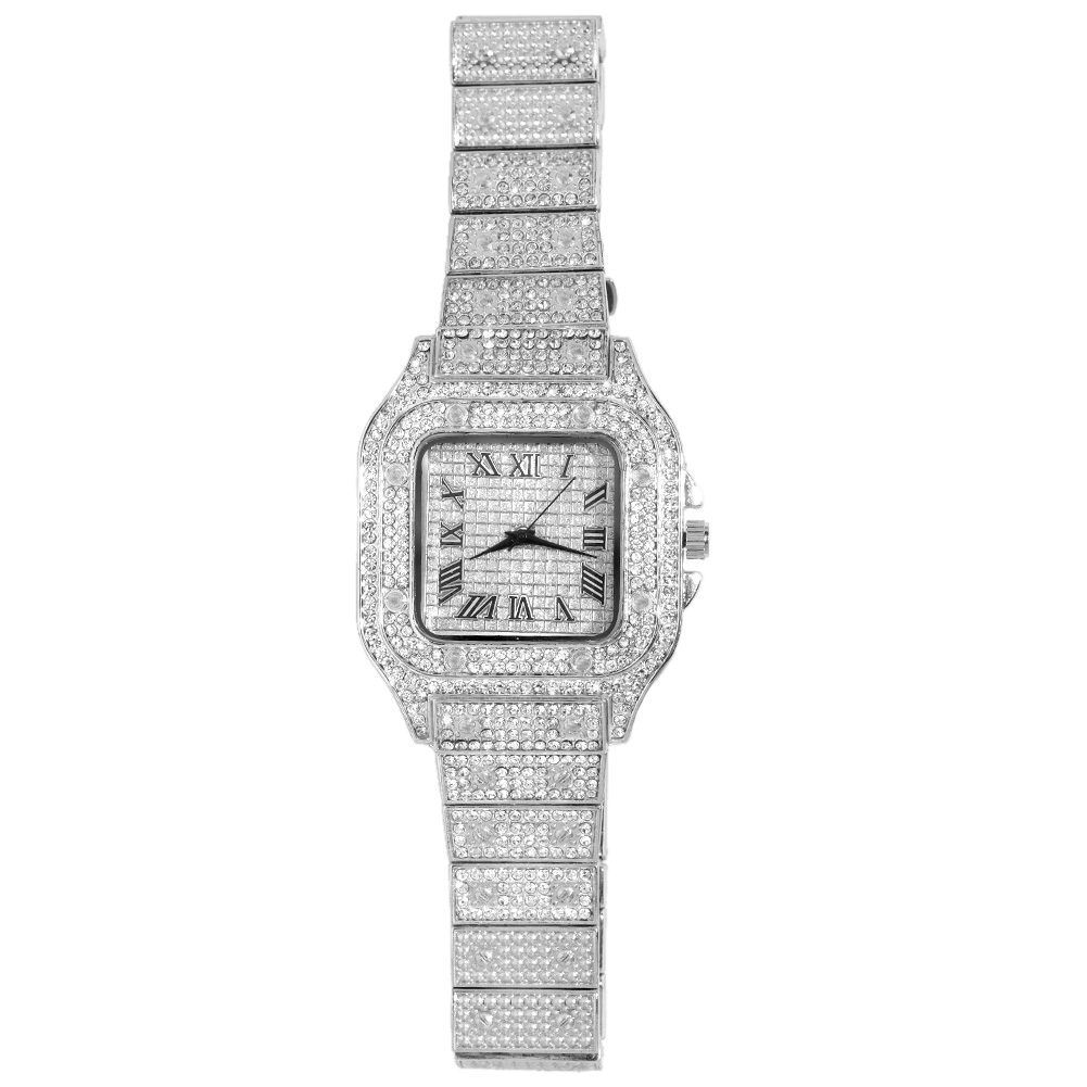 Iced out dameklokke gull sølvfarget firkantet diamanter kvarts luksuriøs hiphop-armbåndsur romersk klokke feminin relogio feminino