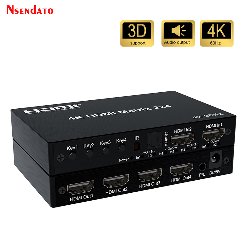 2x4 HDMI Matrix Switch 4K 60Hz HDMI Matrix 2 in 4 out Matrix HDMI Switch Splitter Audio Extractor voor Dolby PC naar TV Monitor