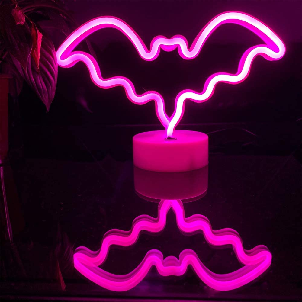 Letreros de neón LED con forma de murciélago, luz de noche de neón con soporte Base, luz de mesa para habitación de niños, sala de estar, de cumpleaños de boda