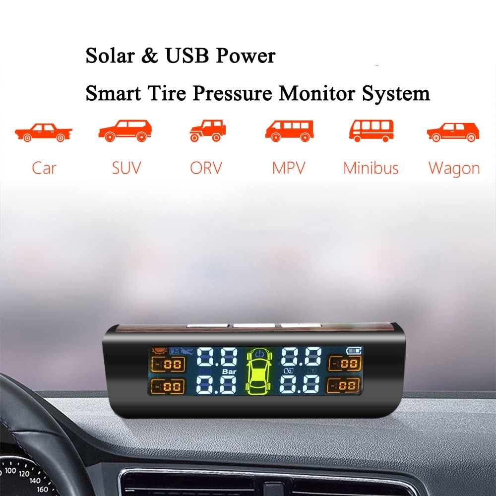 Smart Solar TPMS Car Truck Tire Pressure Alarm Monitor System Auto Tyre Pressure Gauge Temperature Warning with 4 Sensors