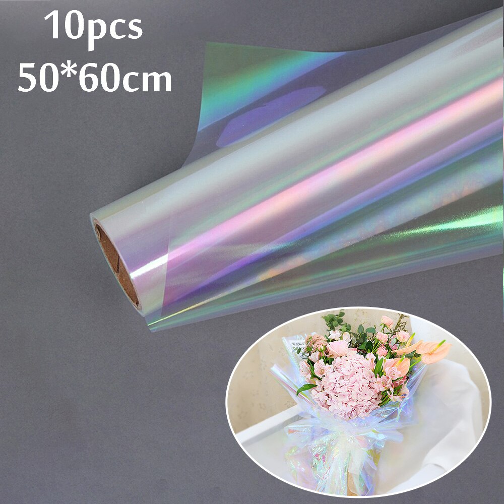 10m Iridescent Flower Bouquet Wrapping Cellophane Rainbow Film Valentines Day Packaging Birthday Wedding Party Decorations: 10pcs 50cmx60cm