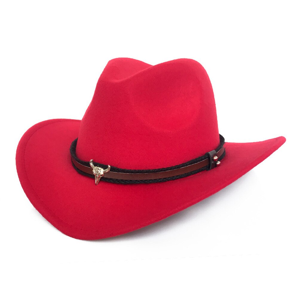 Ox Head Unisex Western Cowboy Woolen Hat Wide Brim Fedora Jazz Cap with Strap Cowboy Woolen Hat Wide Fedora Jazz Cap with Strap: Red