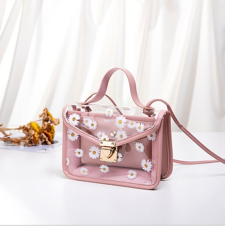 Frauen Handtasche transparent Gänseblümchen aufbringen Schulter Tasche Hardware- Kette Riemen Farbe Block Bote Handtasche Verbund Tote: Rosa