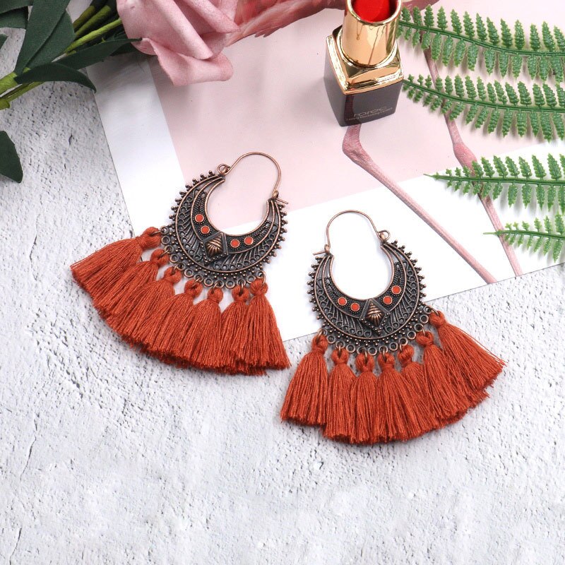 Exknl Fringed Korean Tassel Earrings for Women Geometric Statement Earring Jewelry Pendientes Weekend Party: dark khaki