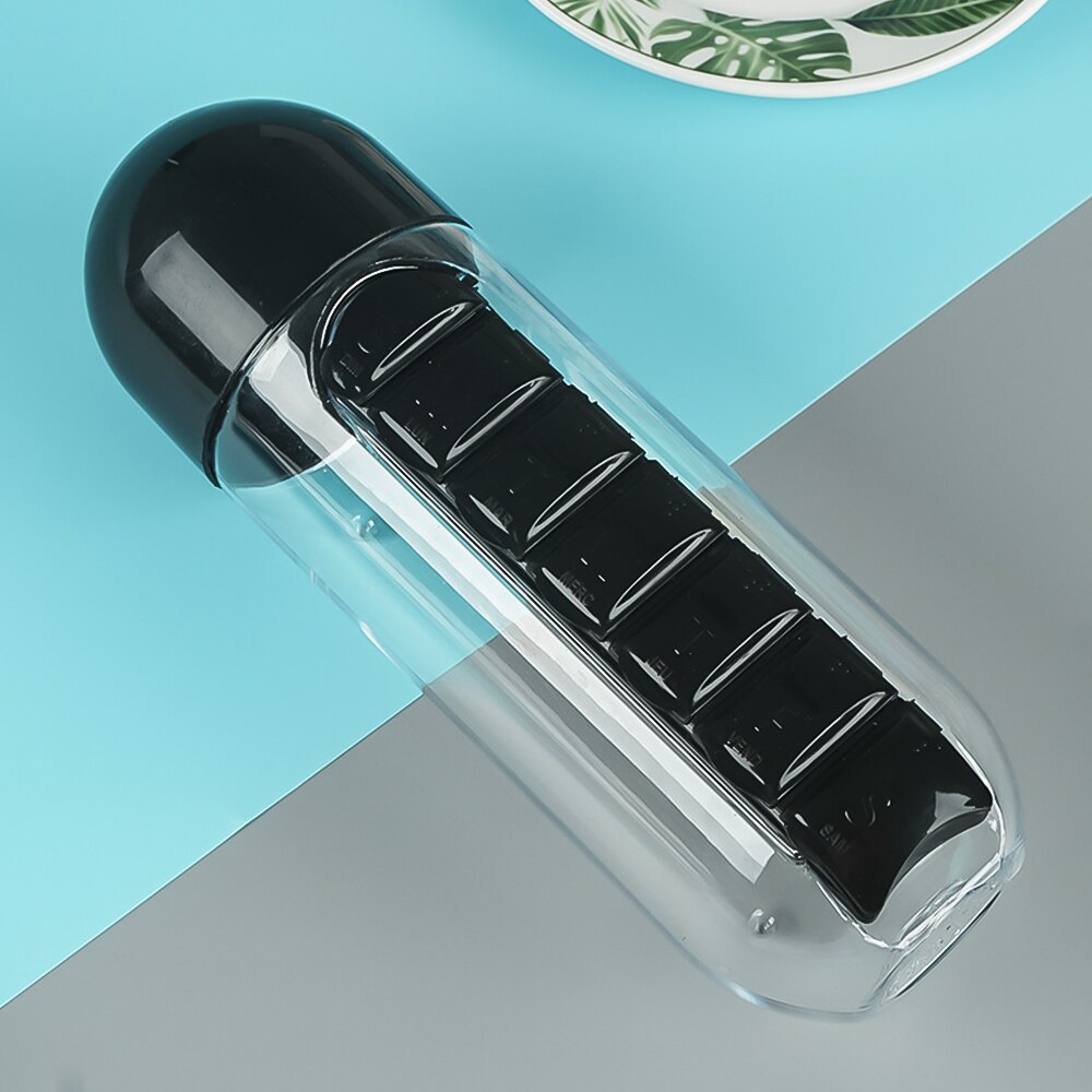 600Ml Sport Plastic Water Fles Combineren Dagelijks Pill Boxes Organisator Drinken Flessen Lekvrije Fles Tumbler Outdoor: Black