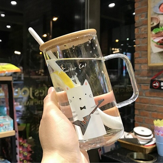 Glas sød stor kapacitet glas varmebestandig drikkekop kontor kvindelig tegneserie krus med låg ske: 6