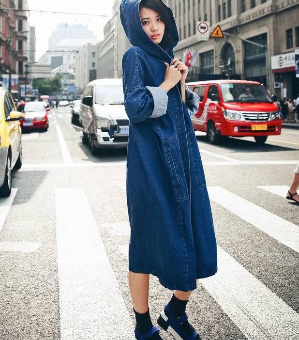 Trench coat en denim femme, ample super long en denim trench coat femme, décontracté avec capuche en denim, printemps